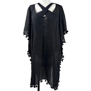 Seafolly Kaftan Cover Up Dress Tassel Trim Black One Size Pull Over
